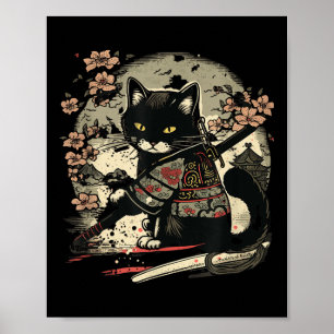 Póster Tatuaje gato samurai japonés, vintage Kawaii Ninja