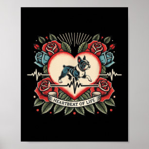 Póster Tatuaje retro del latido del Bulldog francés con R