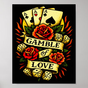 Póster Tatuaje Tradicional Tatuaje Retro Rosas Dados Cart