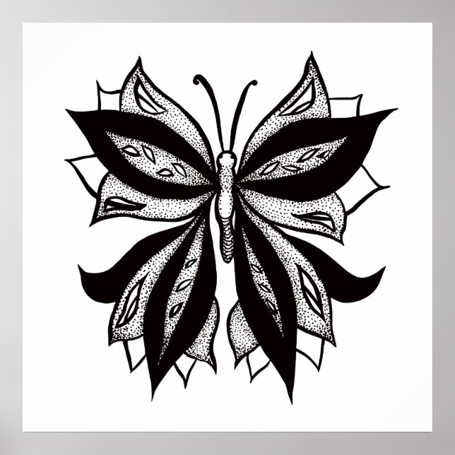 Póster Tatuaje Tribal Blanco Y Negro De Mariposa (Frente)
