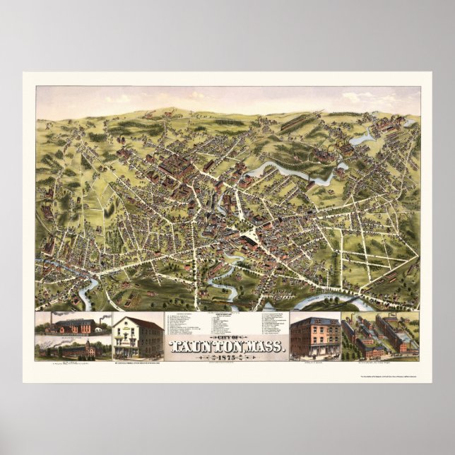 Póster Taunton, MAMÁES Mapa Panorámico - 1875 (Frente)