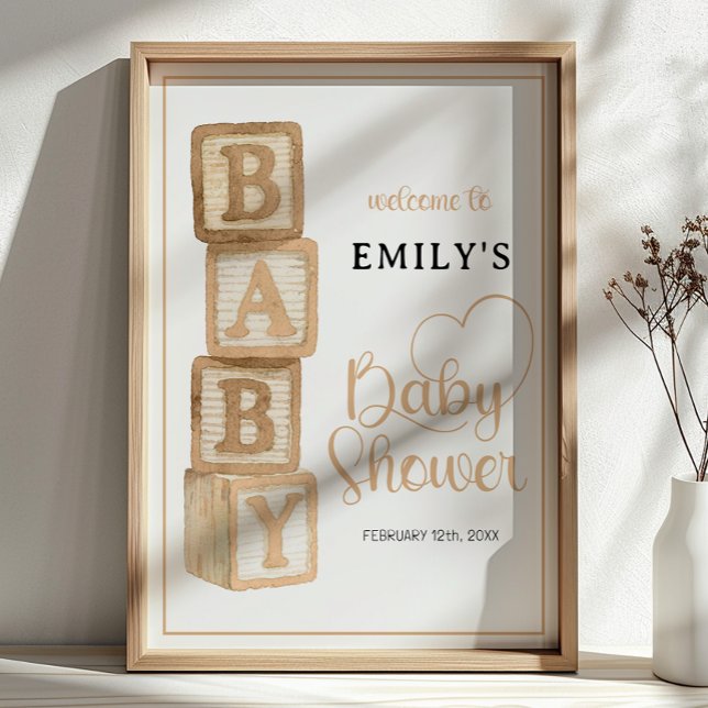Póster Taupe Baby Blocks Baby Shower Welcome Poster (Baby Shower Welcome Sign)