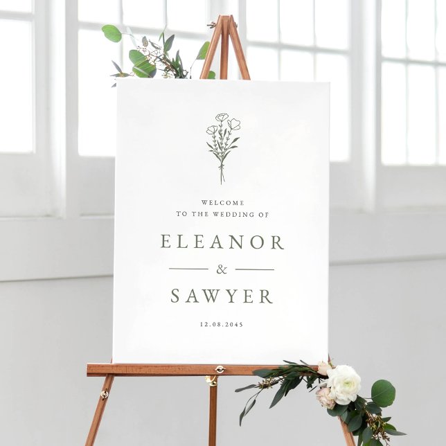 Póster Taupe Green Minimalista Floral Bouquet Boda (Taupe Green Minimalist Floral Bouquet Wedding Welcome Sign)