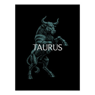 Póster Tauro Zodíaco – Toro Antiguo en Verde Azul sobre N