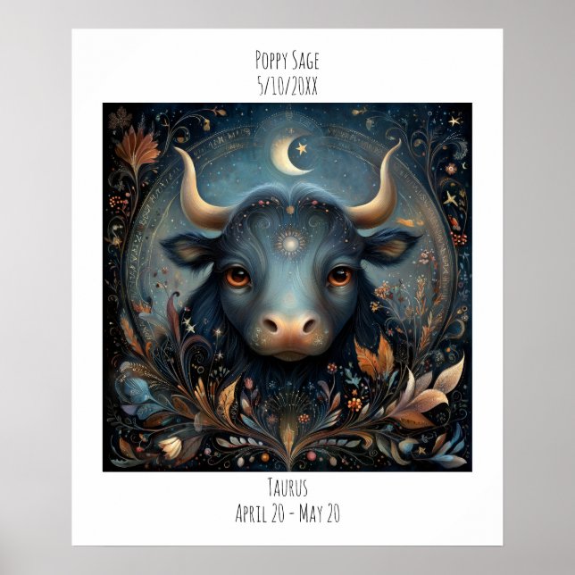 Póster Taurus Zodiac Astrology Name & Birthday (Frente)