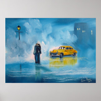 Póster Taxi amarillo día lluvioso pareja romántica
