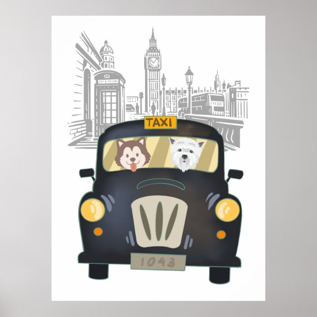 Póster Taxi negro londinense conducido por perros (Frente)