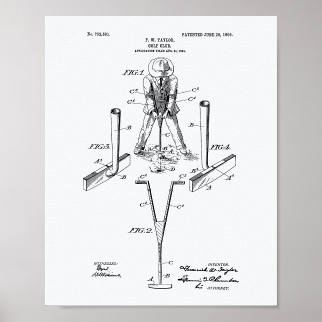 Póster Taylor Golf Club 1905 Patent Art - Libro Blanco (Frente)