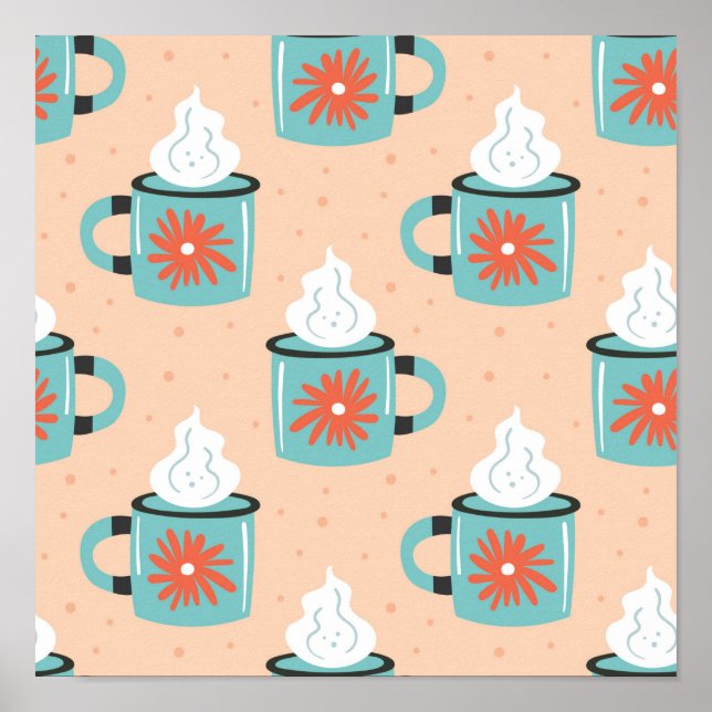 Póster Taza azul claro con patrón continuo de vapor, text (Frente)