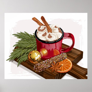 Póster Taza de cacao caliente rústica y acogedora con mal