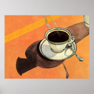 Póster Taza de café antigua, platillo, cuchara, comedor r