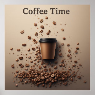 Póster Taza de café flotante con granos de café