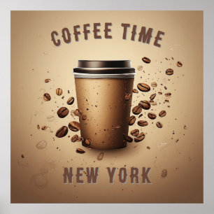 Póster Taza de café flotante con granos de café