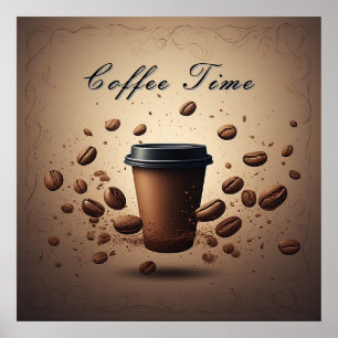 Póster Taza de café flotante con granos de café