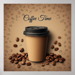 Póster Taza de café flotante con granos de café