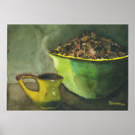 Póster Taza de café humeante de la mañana Granos de café