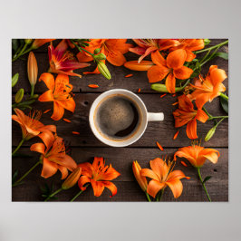 Póster Taza de café rodeada de flores naranjas vibrantes