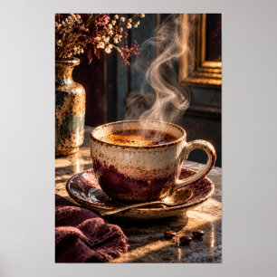 Póster Taza de café rústica humeante – Café de la mañana