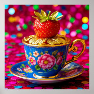 Póster Taza de té floral azul decorativa con detalles dor