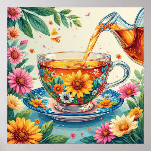 Póster Taza de té floral colorida con té de hierbas verti