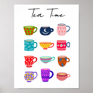 Póster Tazas de Acuarela Brillante para el Té en la Cocin