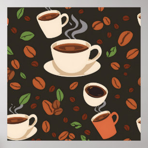 Póster Tazas de café granos mañana patrón
