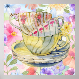 Póster Tazas de Té Bonitas Flores