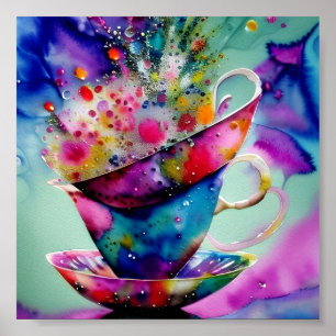 Póster Tazas de té con salpicaduras de acuarela