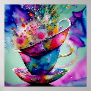 Póster Tazas de té con salpicaduras de acuarela