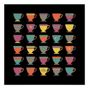 Póster tazas de té de porcelana retro, tazas de café colo