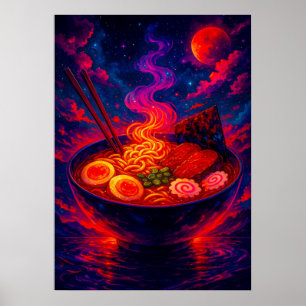 Póster Tazón cósmico de Ramen bajo la fantasía de la Luna