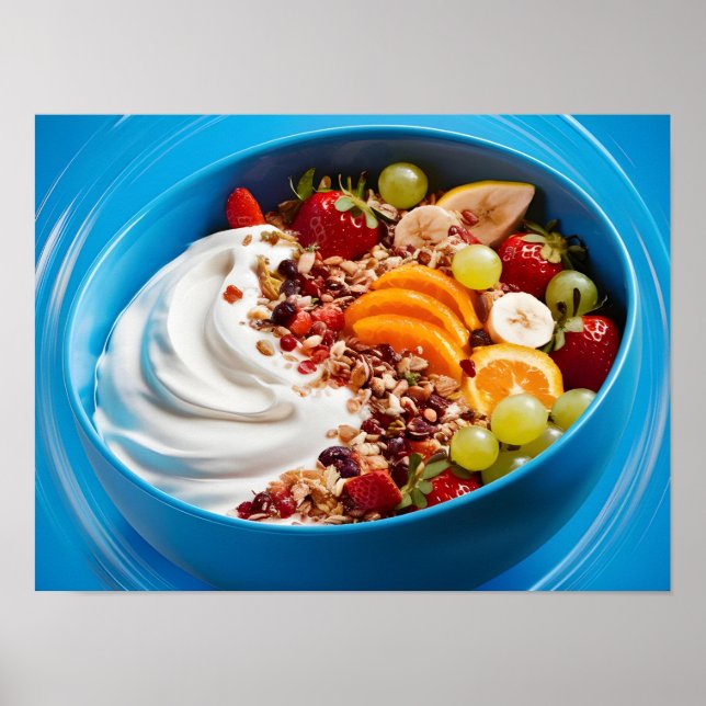 Póster Tazón de comida energética: yogur y fruta muesli (Frente)