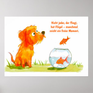 Póster Tazón de pez dorado y perro de cómic acuarela