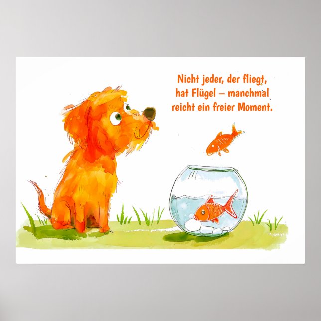 Póster Tazón de pez dorado y perro de cómic acuarela (Frente)