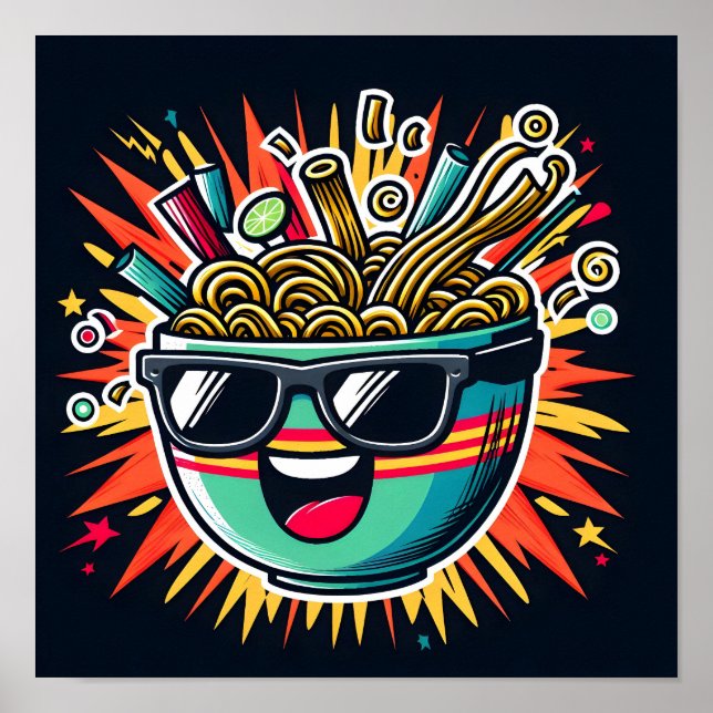 Póster Tazón de ramen de dibujos animados de fideos lindo (Frente)