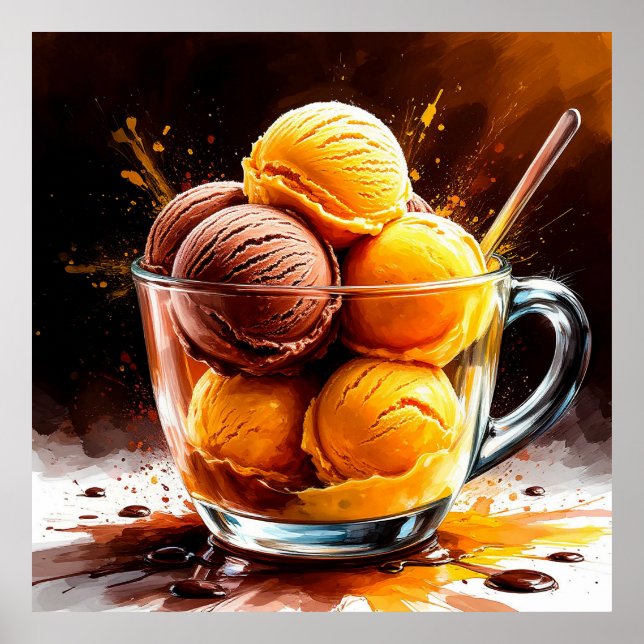 Póster Tazón de vidrio con helado de chocolate y mango (Frente)