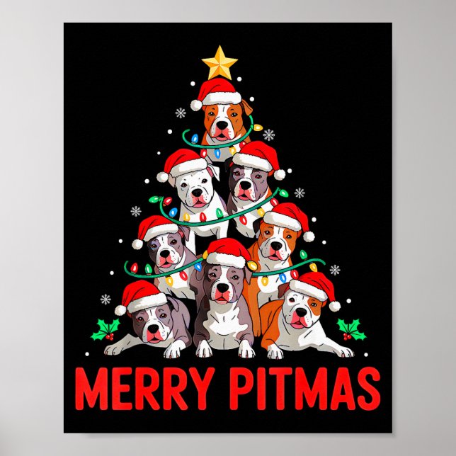 Póster Tbull Dog Tree Xmas Light Santa Hat Christmas Merr (Frente)