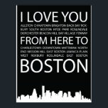 Póster Te amo desde aquí al poster de tipografía de Bosto<br><div class="desc">Esta moderna tipografía impresa muestra el dicho "Te amo desde aquí hasta__________, " acentuado con notables ciudades/lugares/monumentos de esa ciudad en particular,  junto con una silueta del horizonte de esa ciudad. Para ver todos los colores y ciudades visite mi tienda Etsy en www.AlaskaBay.etsy.com</div>