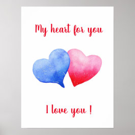Póster Te amo la acuarela del corazón rojo y azul