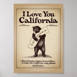 Póster Te Amo Mapa de California con Oso Abrazando