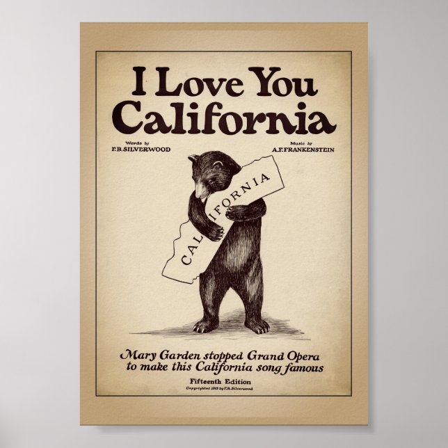 Póster Te Amo Mapa de California con Oso Abrazando (Frente)