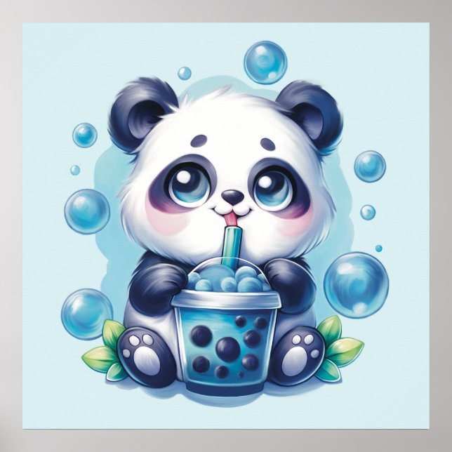 Póster Té de burbuja de panda y Boba azul (Frente)