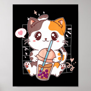 Póster Té de burbuja de té Boba Kawaii Anime japonés Neko