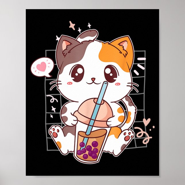 Póster Té de burbuja de té Boba Kawaii Anime japonés Neko (Frente)