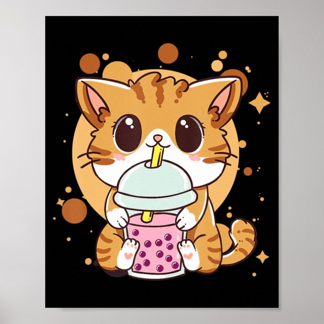 Póster Té de burbuja de té Boba Kawaii Anime japonés Neko (Frente)