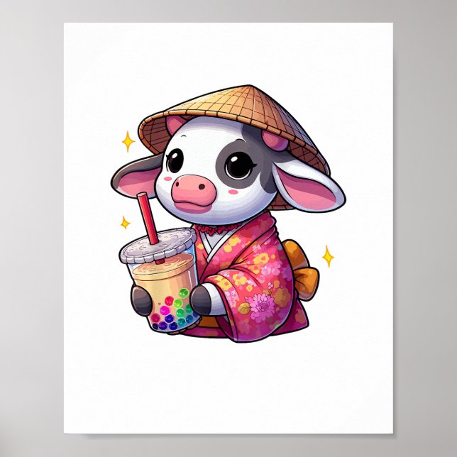Póster Té de burbuja de vaca de té japonés Kimono _1 (Frente)