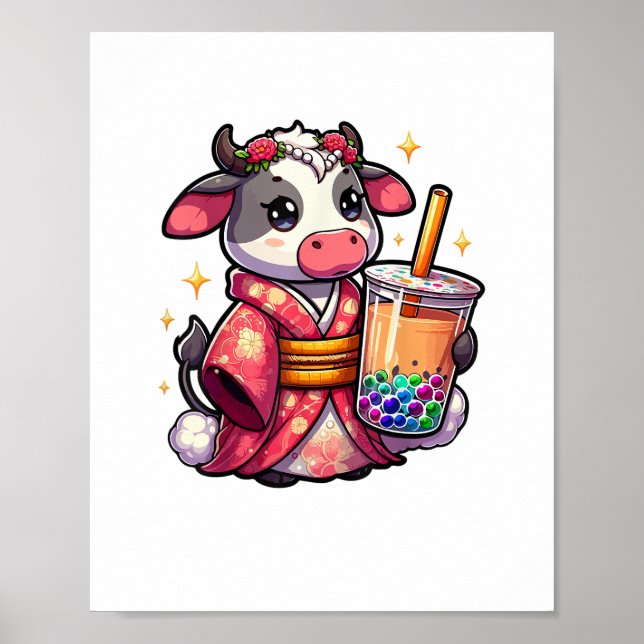 Póster Té de burbuja de vaca de té japonés Kimono _1_1 (Frente)