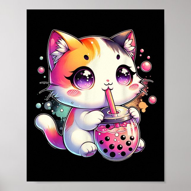 Póster Té de burbujas de gato anime japonés Kawaii Neko (Frente)