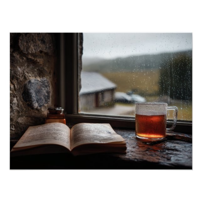 Póster Té de día lluvioso y ventana de libro (Anverso)