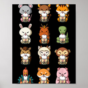 Póster Té de leche con burbujas Boba Zodiacos chinos Anim